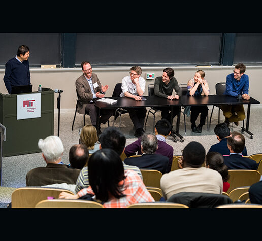 CTP Professors Hong Liu, Jesse Thaler, William Detmold, Daniel Harlow, Tracy Slatyer, and Aram Harrow share a moment during a panel discussion on the future of theoretical physics.