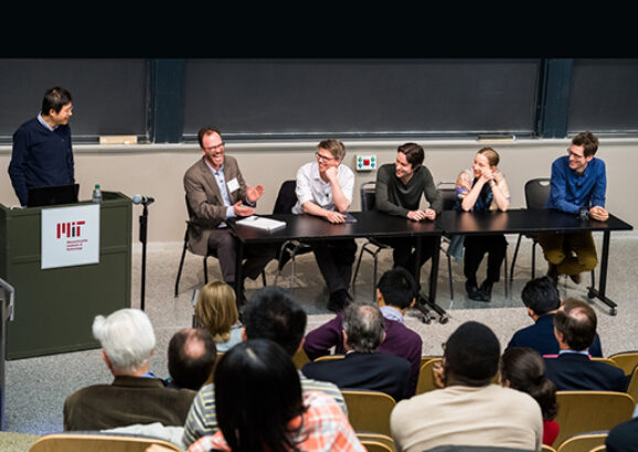 CTP Professors Hong Liu, Jesse Thaler, William Detmold, Daniel Harlow, Tracy Slatyer, and Aram Harrow share a moment during a panel discussion on the future of theoretical physics.