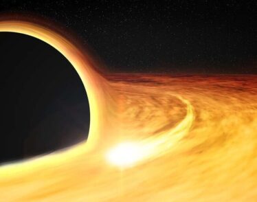 Artist's impression shows hot gas orbiting in a disk around a rapidly-spinning black hole.