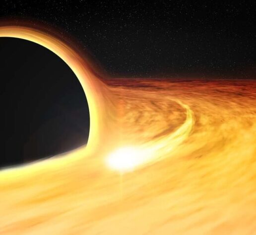 Artist's impression shows hot gas orbiting in a disk around a rapidly-spinning black hole.