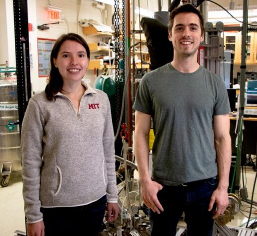 MIT physics graduate student Dahlia Klein (left) and postdoc David MacNeill pose in lab