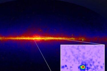 A map of gamma ray emissions throughout the Milky Way galaxy, based on observations from the Fermi Gamma-ray Space Telescope. The inset depicts the Galactic Center Excess – an unexpected, spherical region of gamma ray emissions at the center of our galaxy, of unknown origin.