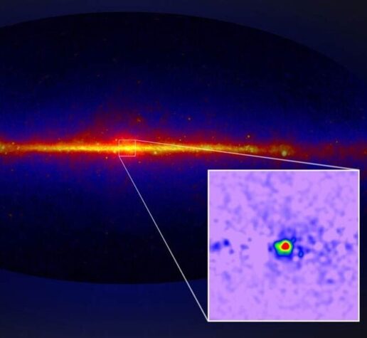 A map of gamma ray emissions throughout the Milky Way galaxy, based on observations from the Fermi Gamma-ray Space Telescope. The inset depicts the Galactic Center Excess – an unexpected, spherical region of gamma ray emissions at the center of our galaxy, of unknown origin.