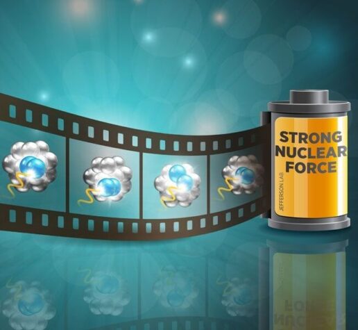Snapshots of pairs of nucleons on film roll called Strong Nuclear Force