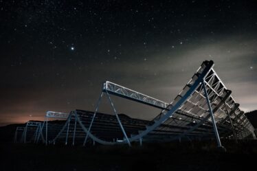 CHIME, a radio telescope in British Columbia, consists of four large antennas, each about the size and shape of a snowboarding half-pipe.