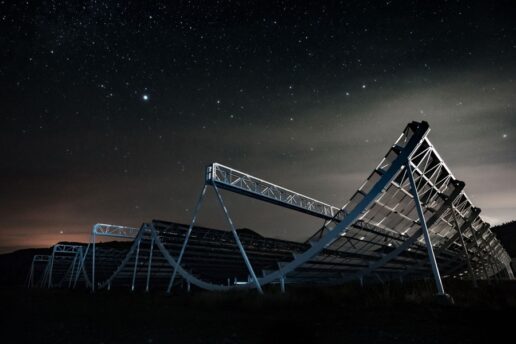 CHIME, a radio telescope in British Columbia, consists of four large antennas, each about the size and shape of a snowboarding half-pipe.