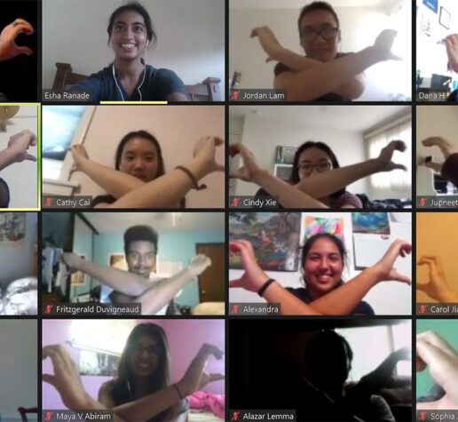 Five by four grid of first-year students crossing their arms in a team-building exercise on Zoom