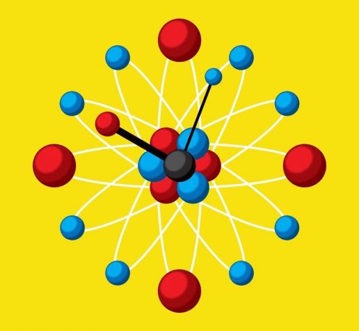 Illustration of clock made of atomic particles.