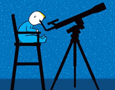 Illustration of baby in high chair looking at the stars with a telescope