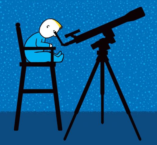 Illustration of baby in high chair looking at the stars with a telescope