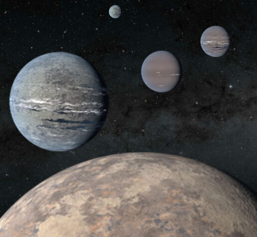 An artist’s rendering of five planets orbiting TOI-1233.
