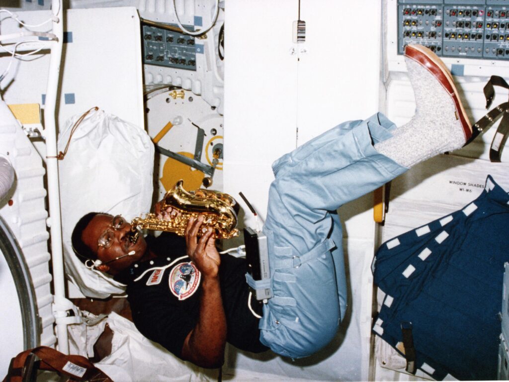 Ronald McNair playing saxophone in space, first in history (1984).