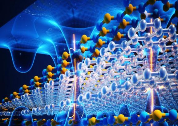 Illustration featuring a lattice of clear hexagons and a lattice of blue and yellow hexagons, superimposed on undulating waves.