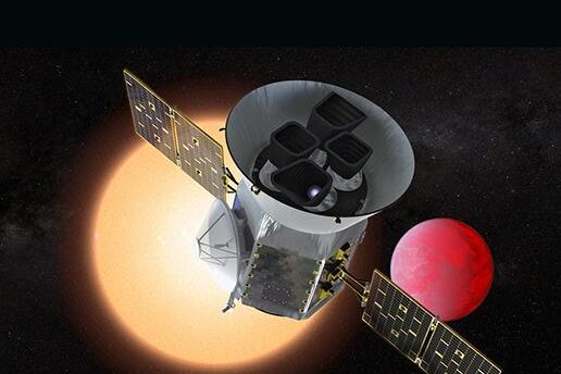 An artist concept depicts TESS in front of a lava planet orbiting its host star.