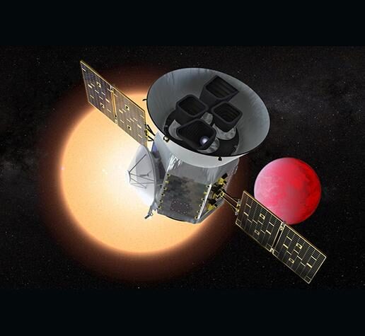 An artist concept depicts TESS in front of a lava planet orbiting its host star.