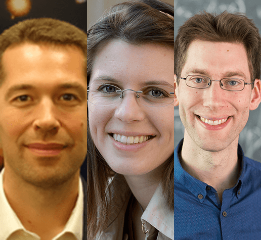 Newly tenured physics professors: Matthew Evans, Anna Frebel, and Aram Harrow
