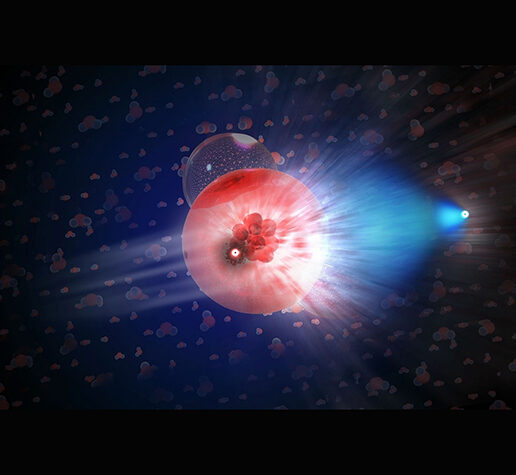 In this illustration, a neutrino has interacted with a molecule of ice, producing a secondary particle—a muon.