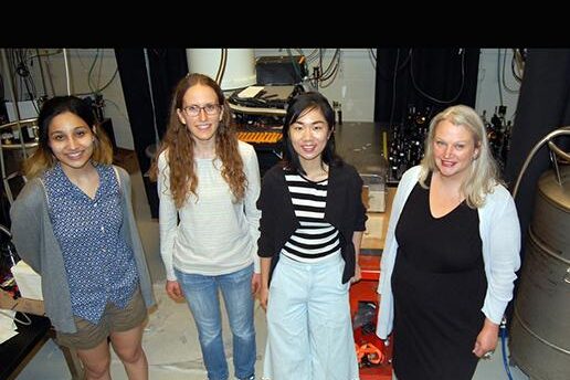 Photo of Heising-Simons Foundation grant recipients: (l-r) Radha Mastandrea, Carina Belvin, and Shuo Zhang, and Professor Lindley Winslow