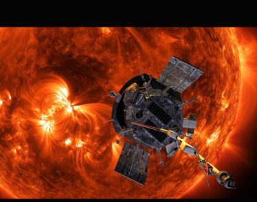 Illustration of NASA's Parker Solar Probe in front of the Sun.