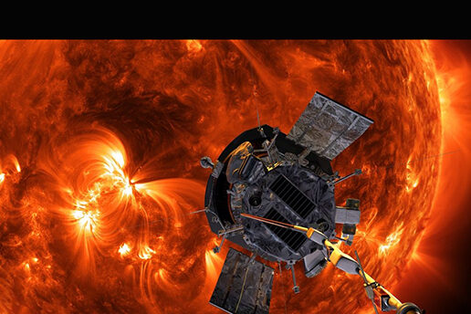 Illustration of NASA's Parker Solar Probe in front of the Sun.