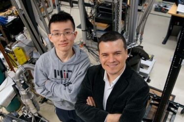 Graduate student Yuan Cao (left) and Professor Pablo Jarillo-Herrero