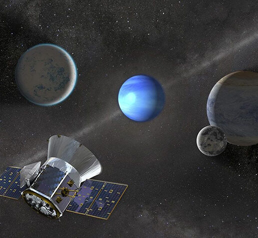 TESS in space near three exoplanets and a moon