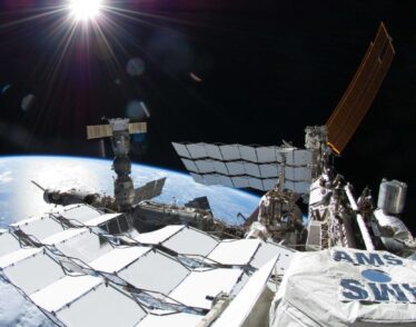 Shows AMS detector on the International Space Station