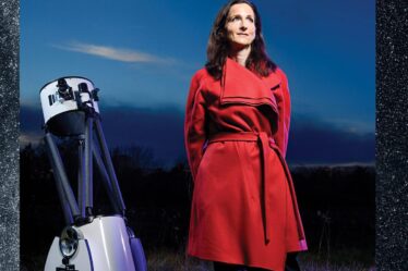 Sara Seager with a telescope in her yard