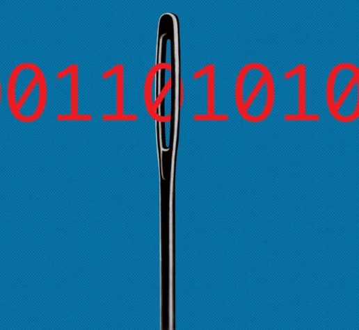 Illustration of binary code through eye of needle