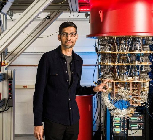 Google CEO Sundar Pichai with one of Google's quantum computers