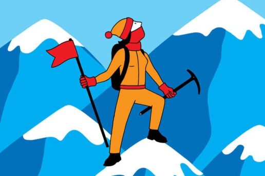 Illustration of climber atop mountain