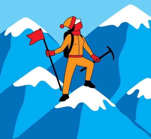 Illustration of climber atop mountain