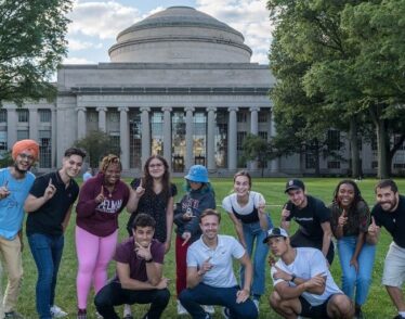 Prospective MIT graduate students pose in Kilian Court.