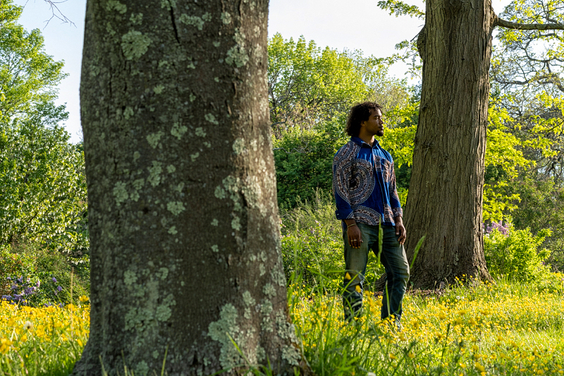 Photo of Makinde Ogunnaike standing, looking off to the right, between two large tree trunks