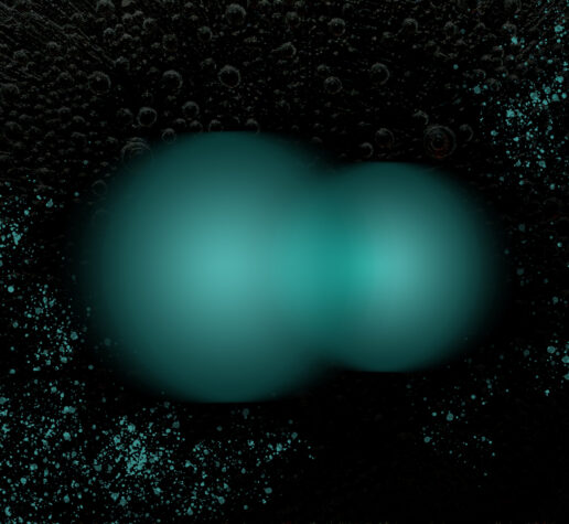 Illustration showing two fuzzy spheres joined together, side by side