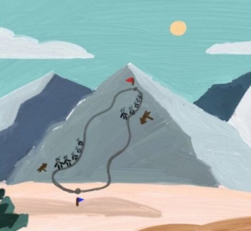 A painted cartoon of a mountain with paths leading up and down and stick figures on the paths