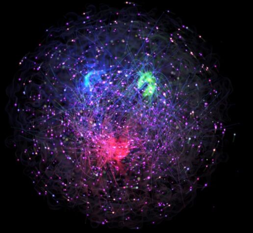 An illustration of the proton with red, blue, and green quarks and lines