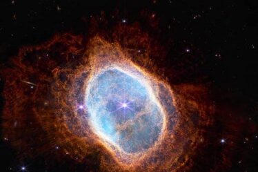 side-by-side views of Southern Ring planetary nebula as seen by Webb telescope (NIRCam, left; MIRI, right) against black backdrop of space; a bright star appears at center in both images, surrounded by an undulating ring of gas