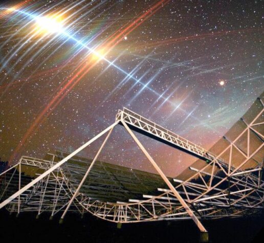 CHIME telescope against starry sky with streaks of light