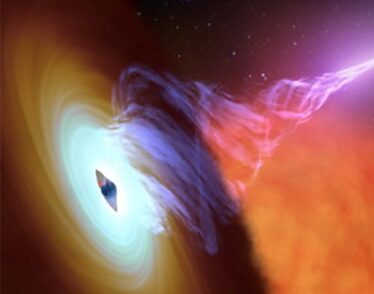 Artist’s rendering of an actively accreting black hole, where gas funnels in towards the black hole through an accretion disk (orange), and X-rays are produced in a hot, relativistic plasma, called the corona (purple). Credit: NASA