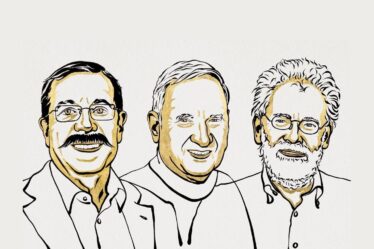 Illustration of 2022 Physics Nobel Laureates: Alain Aspect, John F. Clauser and Anton Zeilinger