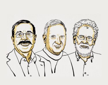 Illustration of 2022 Physics Nobel Laureates: Alain Aspect, John F. Clauser and Anton Zeilinger