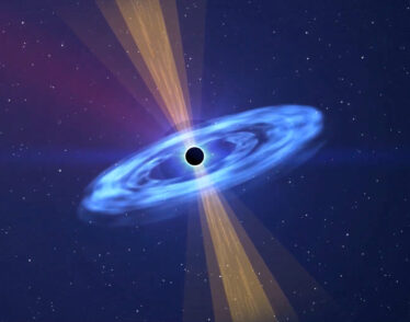 A black hole, like a black circle with a white outline, is surrounded by a cloudy disc, and yellow rays shoot out from the top and bottom of the black hole.