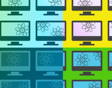 A grid of computer screens each have atom icons inside, each containing 1 or 2 icons. Color overlays divide the image into 4 colorful quadrants.