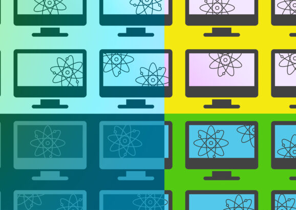 A grid of computer screens each have atom icons inside, each containing 1 or 2 icons. Color overlays divide the image into 4 colorful quadrants.