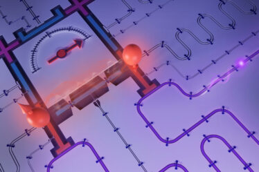 Rendering shows a unique thermometer with various transparent tubes snaking out. Purple energy flows and connects two sides of the thermometer, and the temperature is hot.