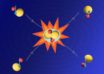 Big yellow and small red molecules collide in the middle of the image, in a burst. 4 arrows indicate the back-and-forth reactions that this collision causes.