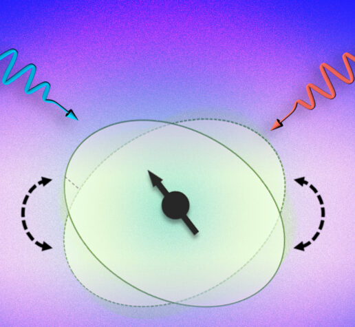 Against a pink background, a blue and red laser beam shoot down from the top as wavey arrows. They point to a beige atomic nucleus with a gauge needle in the center pointing left, signifying spin direction.