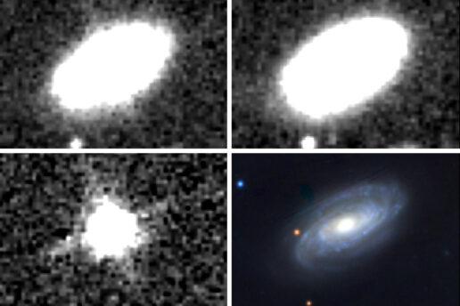 4 panels, 3 in monochrome with the bottom right in full color. The top two show similar pixelated, fuzzy white ovals, with the top right having a slightly larger oval. The bottom left shows a pixelated white circle with some grey fuzzy rays slightly protruding from it. The bottom right panel shows a swirling blue galaxy with a white center in black space.