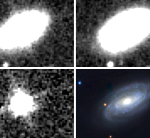 4 panels, 3 in monochrome with the bottom right in full color. The top two show similar pixelated, fuzzy white ovals, with the top right having a slightly larger oval. The bottom left shows a pixelated white circle with some grey fuzzy rays slightly protruding from it. The bottom right panel shows a swirling blue galaxy with a white center in black space.